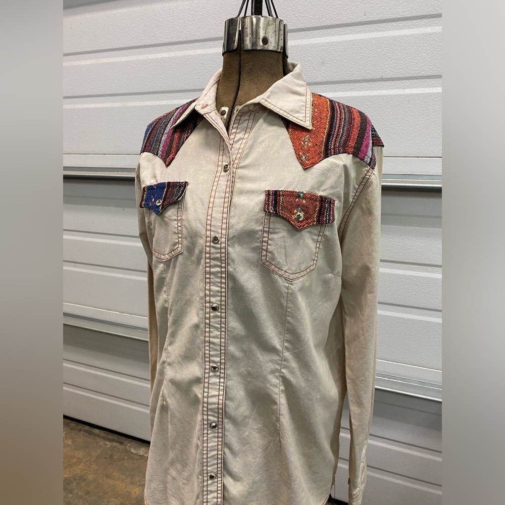 Wrangler Acid Wash Cream Tan Aztec South Western Yoke Pearl Snap Button Shirt M